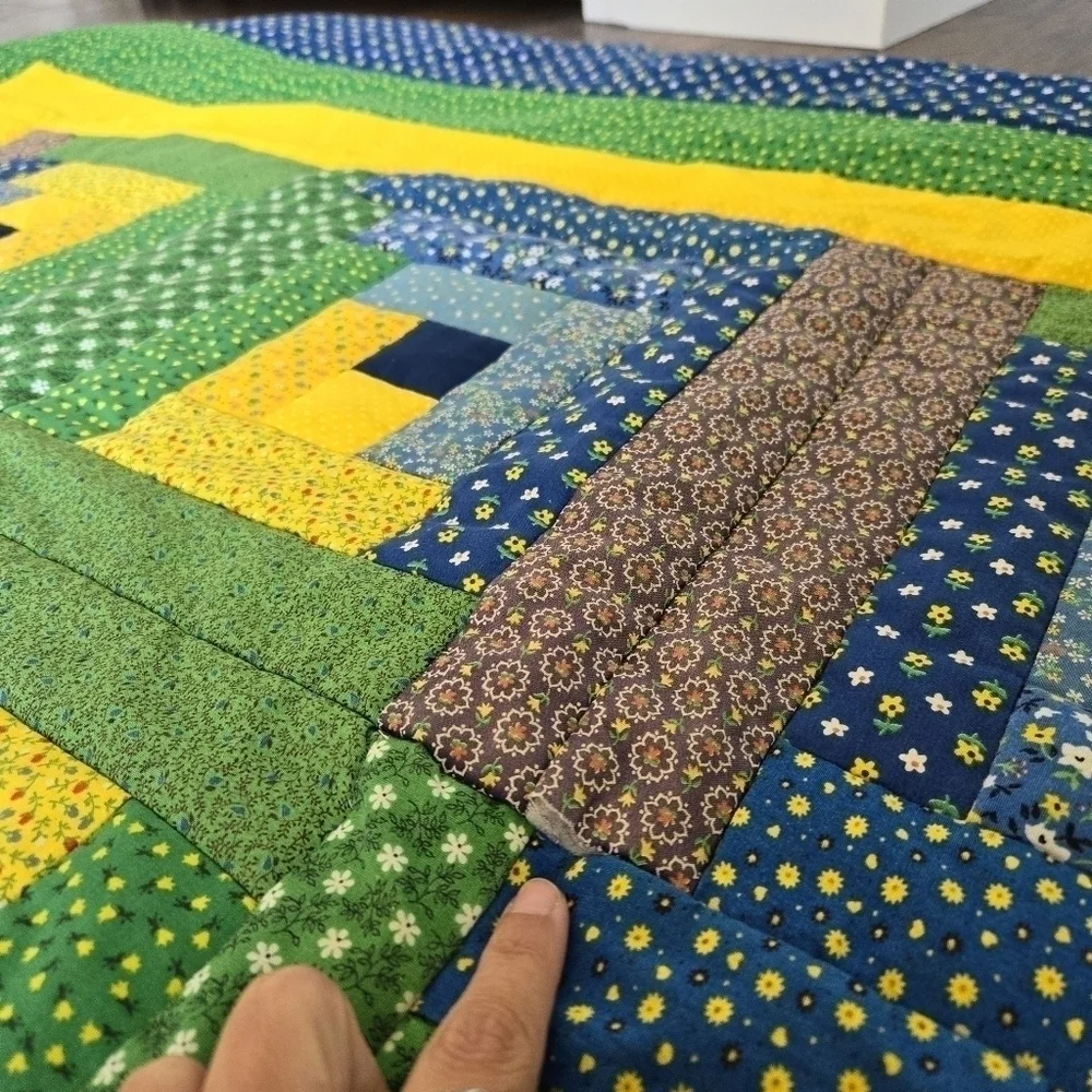 Handmade Patchwork Quilt Tumbling Blocks Blue Green Yellow Full Twin Lap Blanket